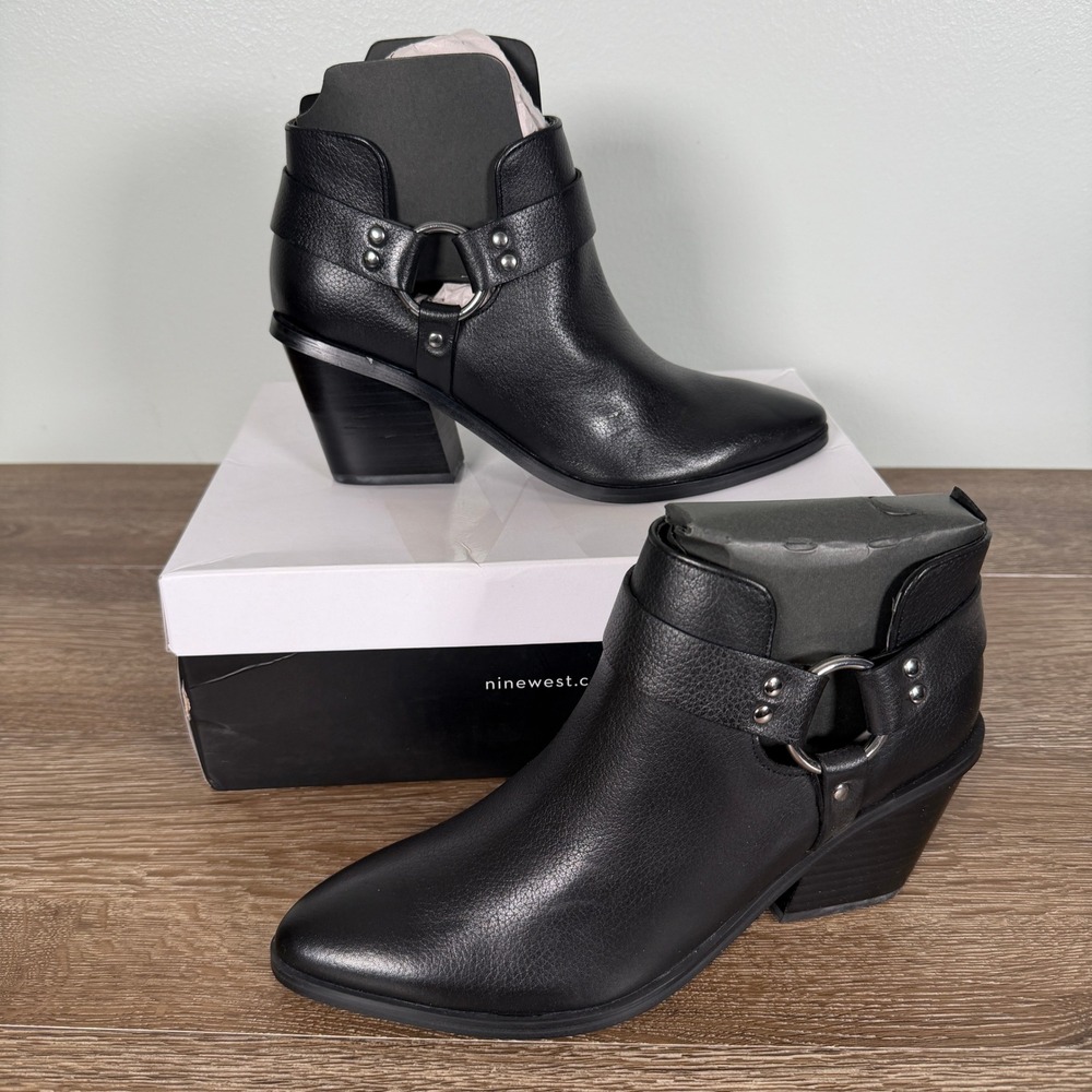 Nine West Spencer Ankle Boots Womens 6.5M Black Leather Western Moto Booties
